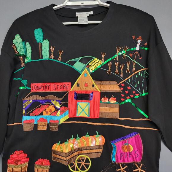 Vintage 80s Accessory Lady Top Womens L Black Fall Applique Embroidered Sequin - Picture 3 of 11
